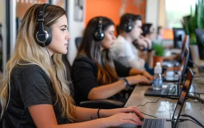 People working at laptops in a call centre